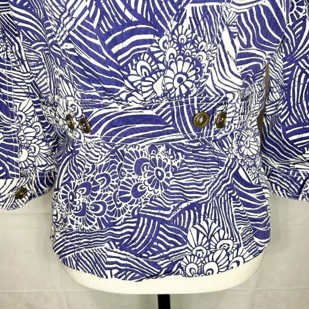 COLDWATER CREEK Utility Full Zip Jacket Sz 6 Floral Print Lapis Purple and White
